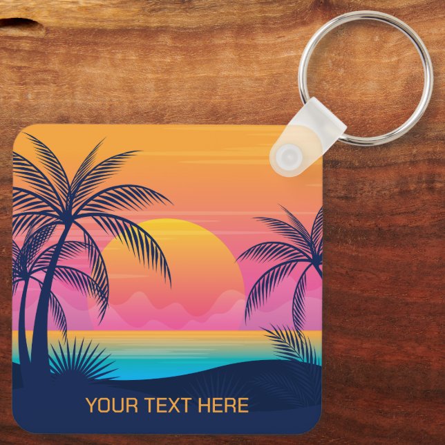 Custom Text Tropical Island Sunset Key Ring (Back)