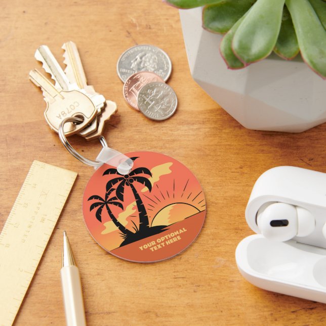 Custom Text Tropical Island Sunset Key Ring (Desk)