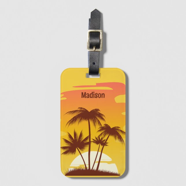 Custom Text Tropical Island Sunset Luggage Tag (Front Vertical)