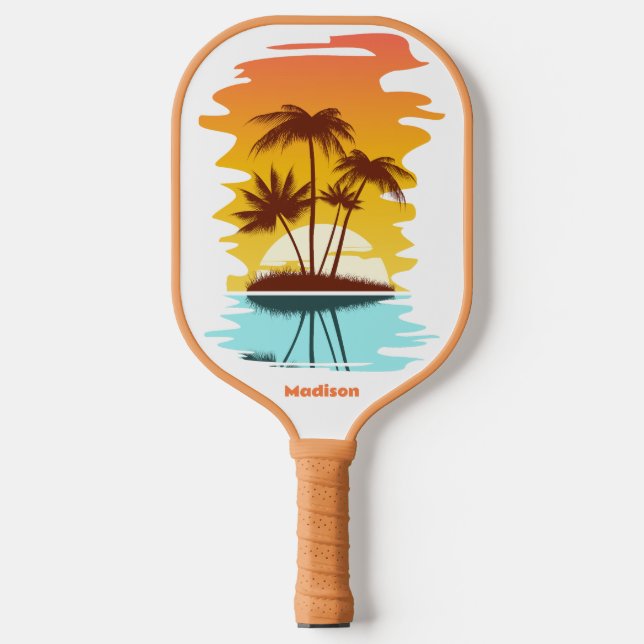 Custom Text Tropical Island Sunset Pickleball Paddle (Front)