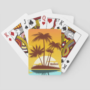 Custom Text Tropical Island Sunset Playing Cards