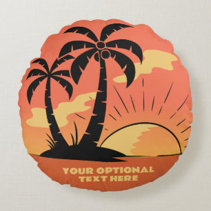 Custom Text Tropical Island Sunset Round Cushion