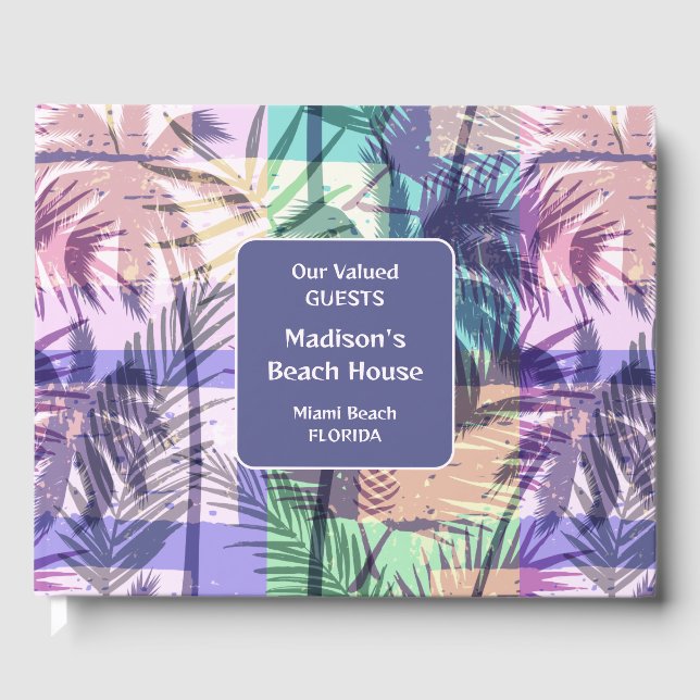 Custom Text Tropical Palms Pattern Guest Book (Front)