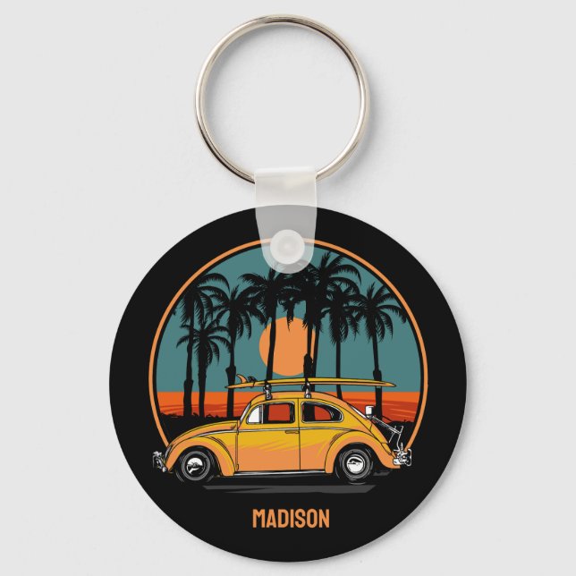 Custom Text Tropical Surfer Sunset Key Ring (Front)