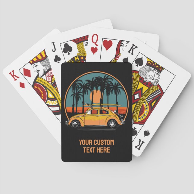 Custom Text Tropical Surfer Sunset Playing Cards (Back)
