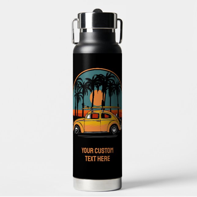 Custom Text Tropical Surfer Sunset Water Bottle (Front)