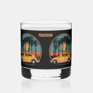 Custom Text Tropical Surfer Sunset Whiskey Glass