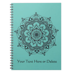 Custom Text Turquoise Blue Henna Flower Mandala Notebook