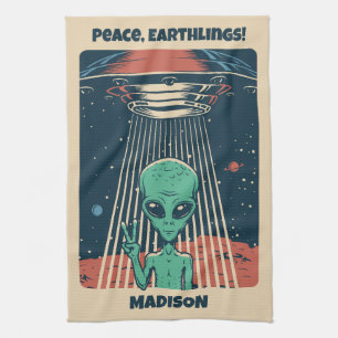 Custom Text UFO Alien Tea Towel