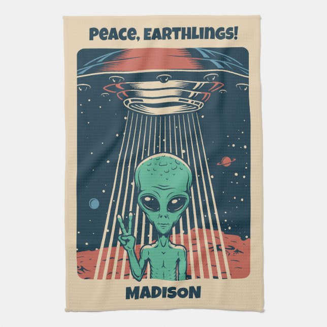 Custom Text UFO Alien Tea Towel (Vertical)