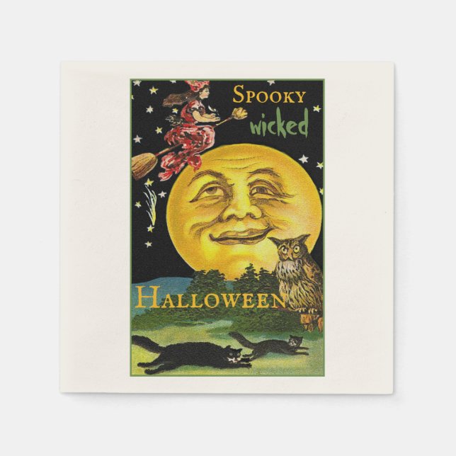 Custom Text Vintage Halloween Moon Watching Witch Napkin (Front)