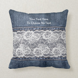 Custom Text/ Vintage Retro Blue Jeans Denim Lace Cushion