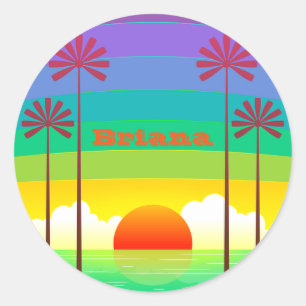 Custom Text Vintage Summer Sunset Beach Palm Trees Classic Round Sticker