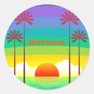 Custom Text Vintage Summer Sunset Beach Palm Trees Classic Round Sticker