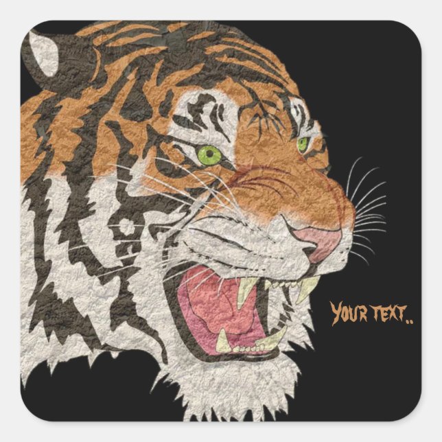 Custom text violent and angry tiger Brown Black Square Sticker (Front)