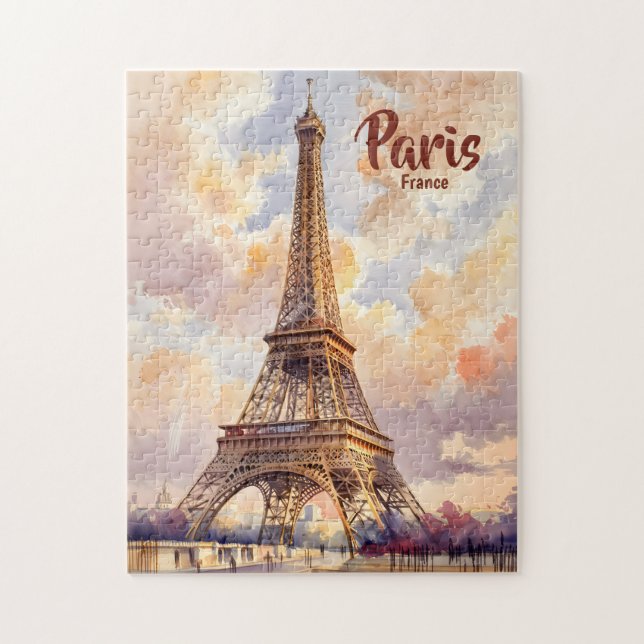 Custom Text Watercolor Eiffel Tower Sunset Travel Jigsaw Puzzle (Vertical)