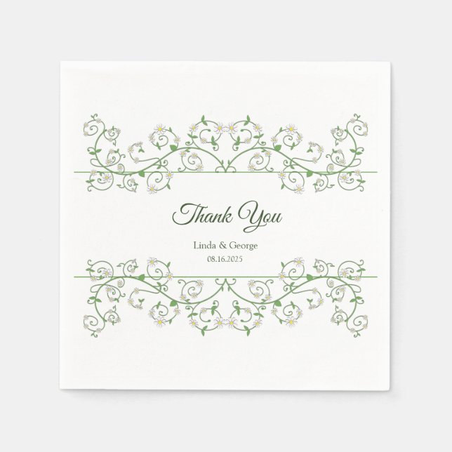 Custom Text  White Flower Vine Napkins (Front)
