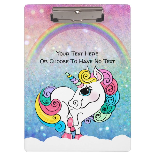 Custom Text/ White Unicorn Rainbow Glitter Sequins Clipboard (Front)