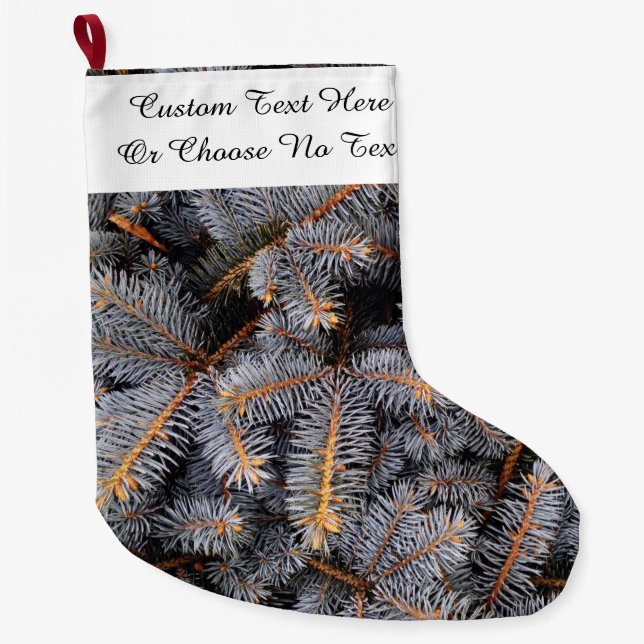 Custom Text Winter Evergreen Pine Spruce Blue Tree Large Christmas Stocking (Front)