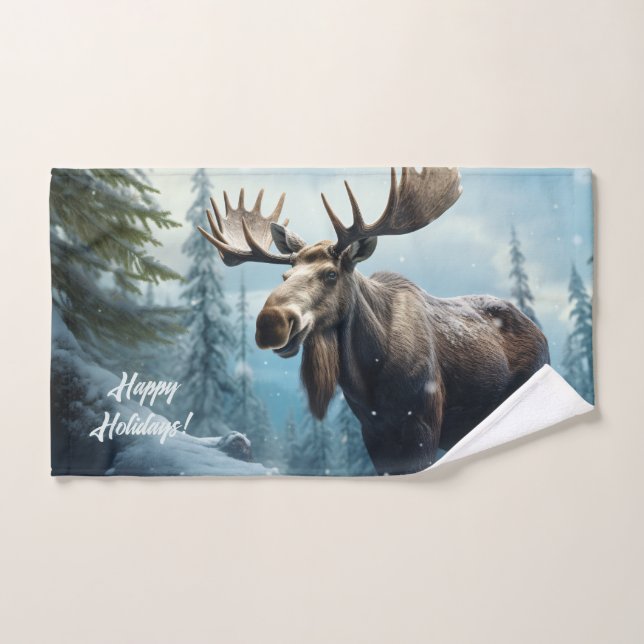 Custom Text Winter Moose Hand Towel (Hand Towel)