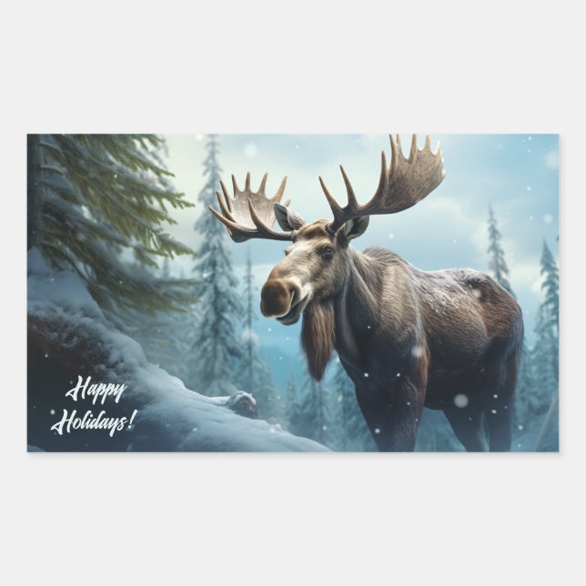 Custom Text Winter Moose Rectangular Sticker (Front)