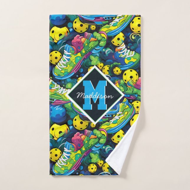 Custom text with Psychedelic pickleballs Hand Towel (Hand Towel)