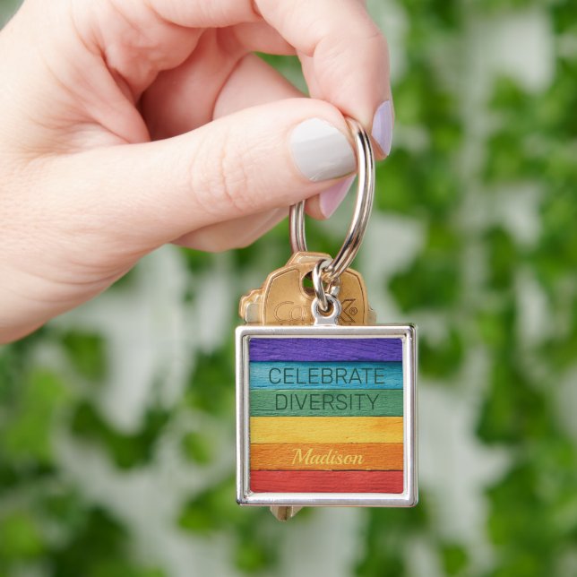 Custom Text Wood-Textured Rainbow Flag Key Ring (Hand)