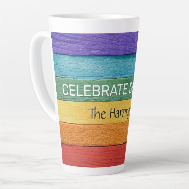 Custom Text Wood-Textured Rainbow Flag Latte Mug (Left Angle)