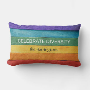 Custom Text Wood-Textured Rainbow Flag Lumbar Cushion