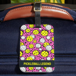 Custom text yellow pickleballs on pink luggage tag