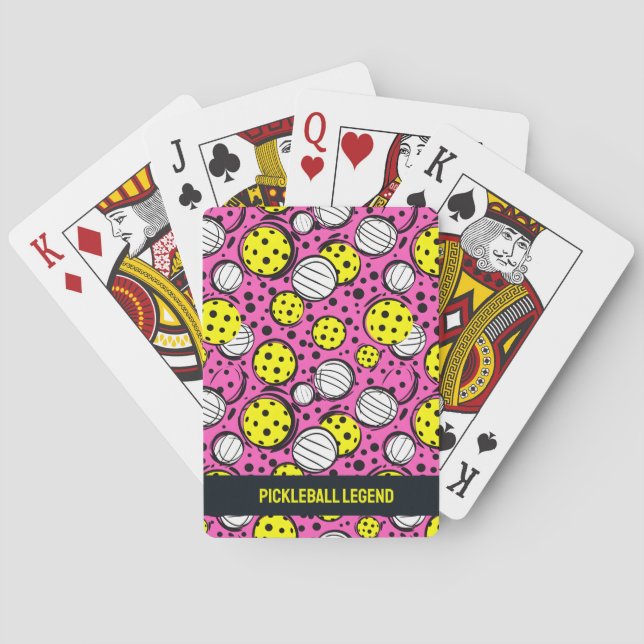 Custom text yellow pickleballs on pink playing cards (Back)