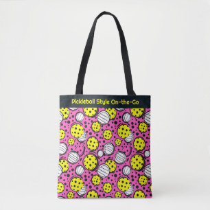 Custom text yellow pickleballs on pink tote bag