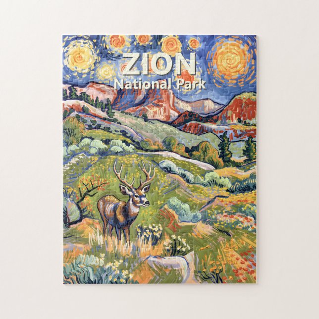 Custom Text Zion Animal Deer Colorful Landscape Jigsaw Puzzle (Vertical)