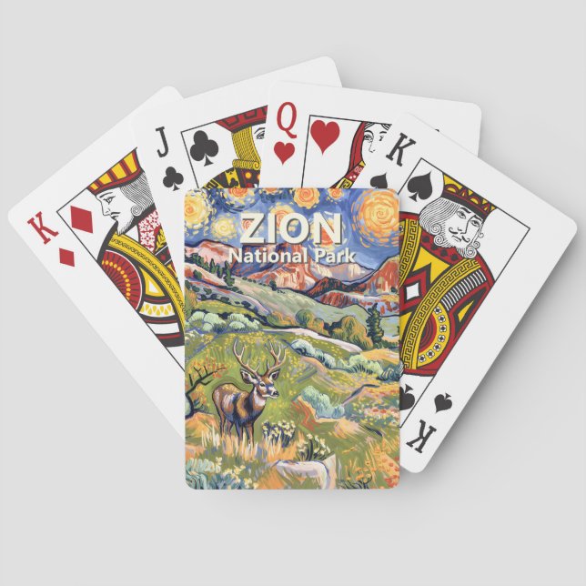 Custom Text Zion Animal Deer Colorful Landscape Playing Cards (Back)