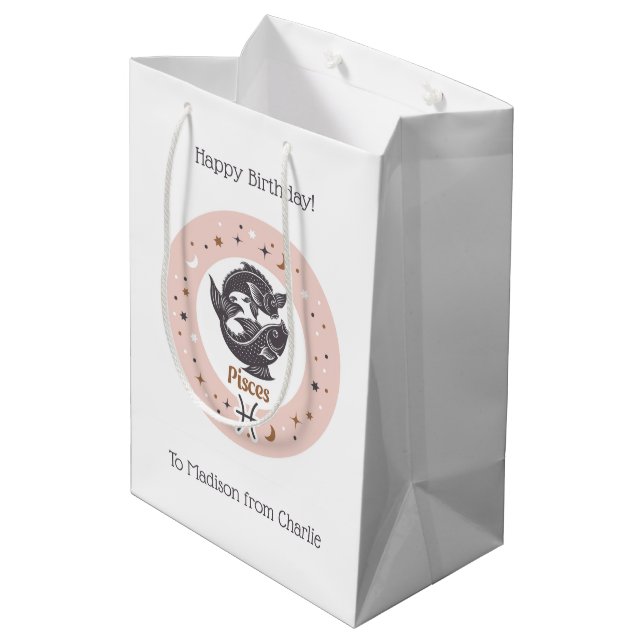 Custom Text Zodiac Sign Pisces Medium Gift Bag (Back Angled)