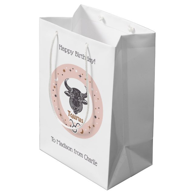 Custom Text Zodiac Sign Taurus Medium Gift Bag (Back Angled)