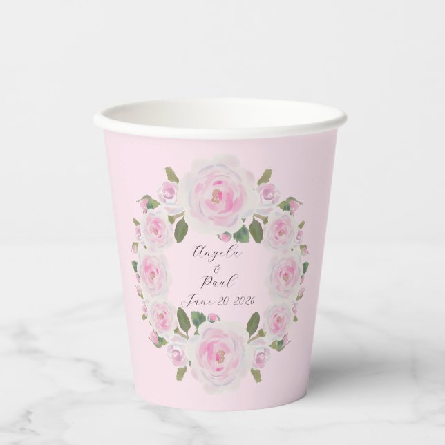 Custom Texts Pink Roses Wreath Paper Cups Wedding (Front)