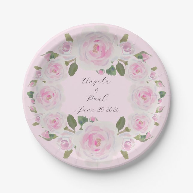 Custom Texts Pink Roses Wreath Paper Plate Wedding (Front)