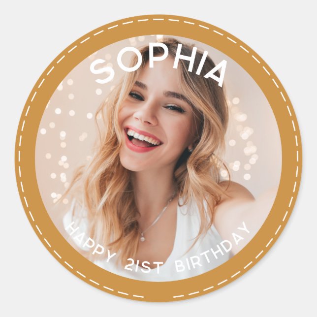 Custom Thank You Cute Modern 21st Birthday Photo Classic Round Sticker (Front)