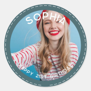 Custom Thank You Cute Modern 21st Birthday Photo Classic Round Sticker