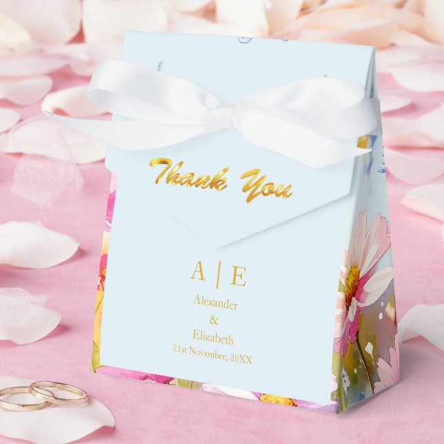 Custom Thank You Gold Script Flowers Ice Blue Favour Box (Wedding)