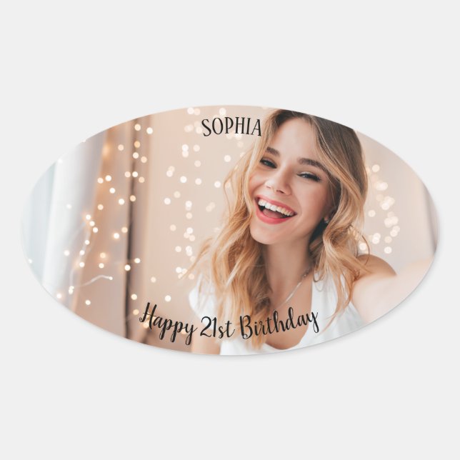 Custom Thank You Simple Modern 21st Birthday Photo Oval Sticker (Front)