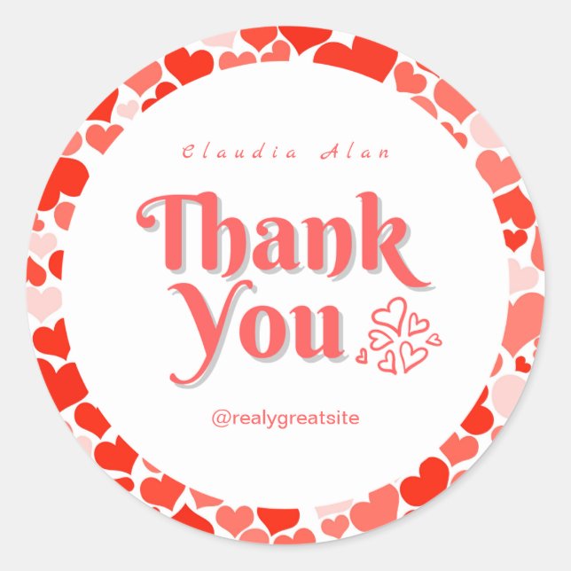 Custom Thank You with Red Heart Feminine  Classic Round Sticker (Front)