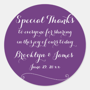 Custom Thanks Purple Round Wedding Stickers