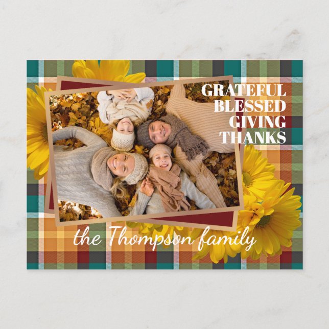 Custom Thanksgiving Greeting On Plaid Holiday Card (Front)
