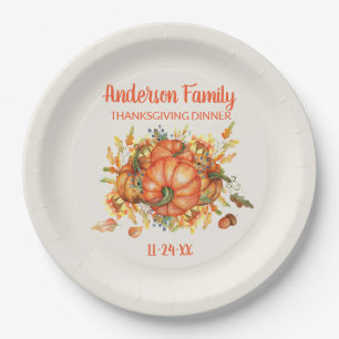 Custom Thanksgiving Orange Pumpkins Fall Leaves   Paper Plate