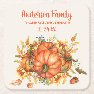 Custom Thanksgiving Orange Pumpkins Fall Leaves  Square Paper Coaster