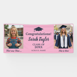 Custom Then and Now 2 Photo Graduation Pink Banner