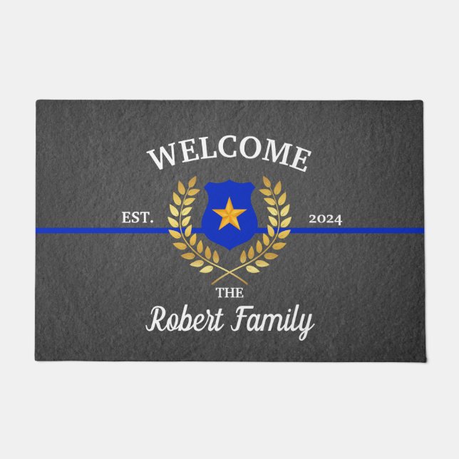 Custom Thin Blue Line Police Badge Welcome Black  Doormat (Front)