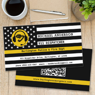 Custom Thin Gold Line Flag QR Code 911 Dispatcher Business Card